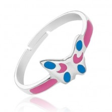 Gyűrű 925 ezüstből - rózsaszín és kék pillangó, állítható méret