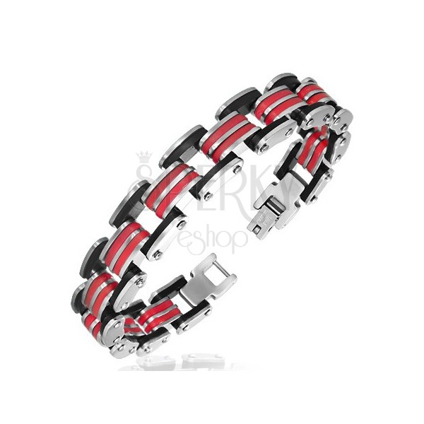 Ezüst - fekete színű acélkarkötő piros gumilemezekkel