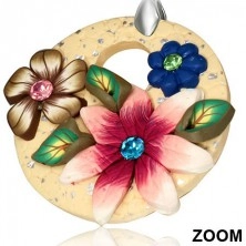 Akasztós fimo fülbevaló - bézs kör három virággal és cirkonkövekkel