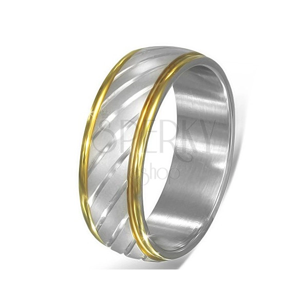 Acél gyűrű két színben - ferde ezüst bemarások és arany szegélyek
