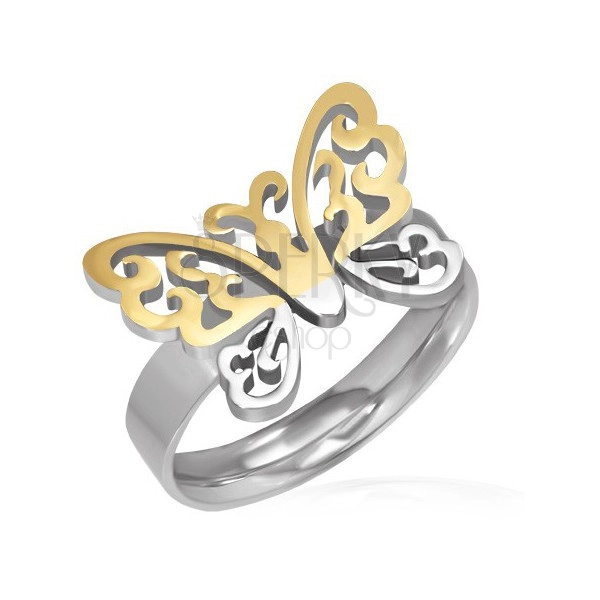 Sebészeti acél gyűrű - kivágott arany-ezüst pillangó