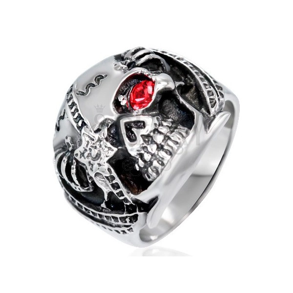 Masszív acélgyűrű - antikolt, harcos koponya piros cirkonkővel