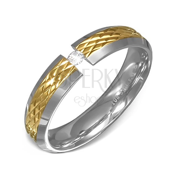 Gyűrű acélból - aranyszínű recés felület, ezüst szegélyek, tiszta kő