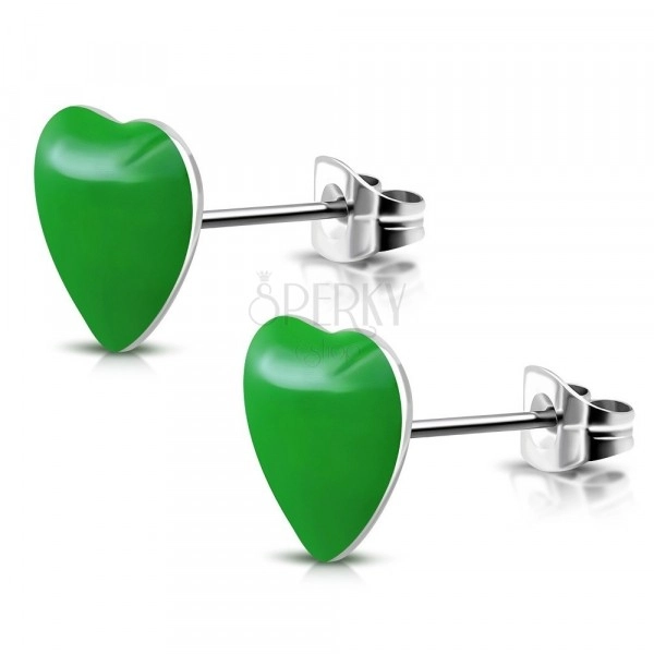 Orvosi acél fülbevaló - zöld szívecske, bedugós