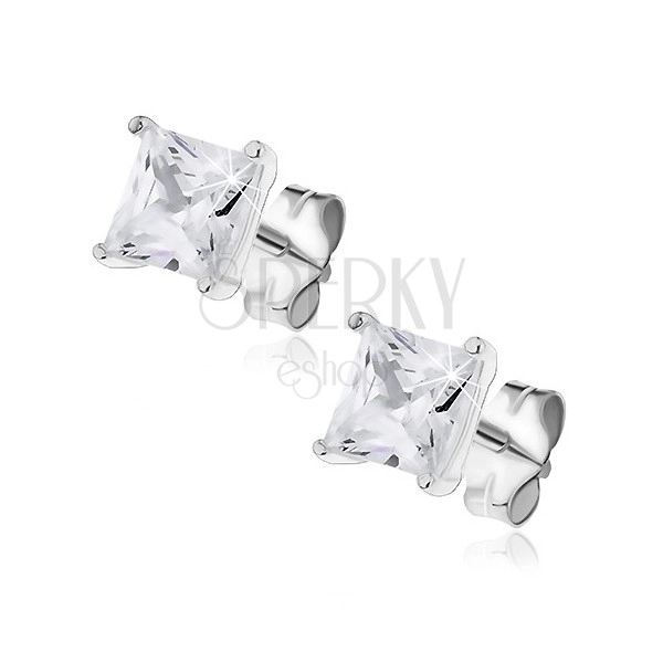 Fülbevaló ezüstből - négyzet alakú csillogó kő dupla fogatban