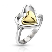 Sebészeti acél gyűrű - arany szívecske ezüst színű szívkeretben