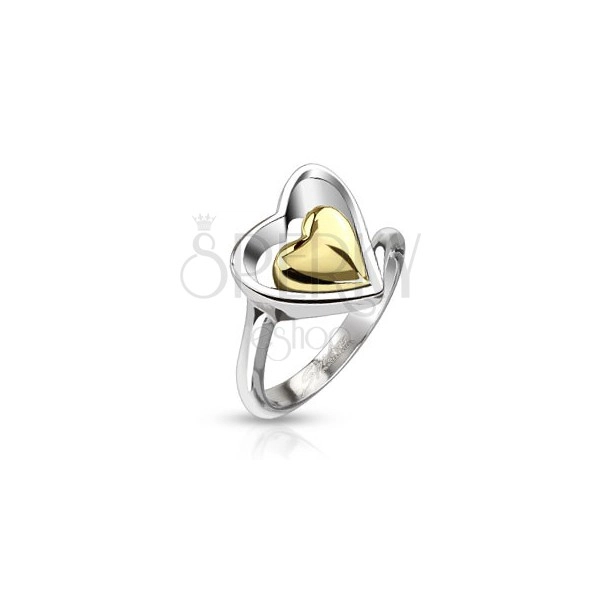 Sebészeti acél gyűrű - arany szívecske ezüst színű szívkeretben