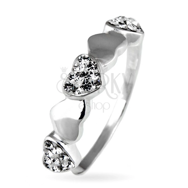 925-ös ezüst gyűrű - ragyogó és sima szívecskék