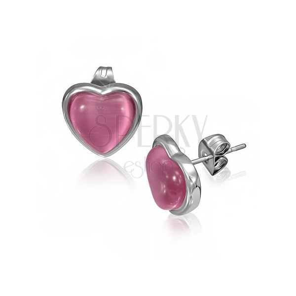 Stekkeres acél fülbevaló rózsaszín kővel, szív keretben