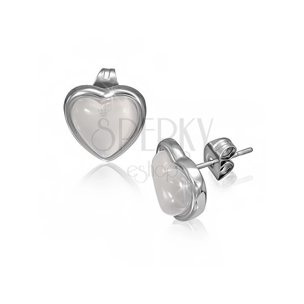 Fülbevaló acélból - fehér kő szív alakú keretben