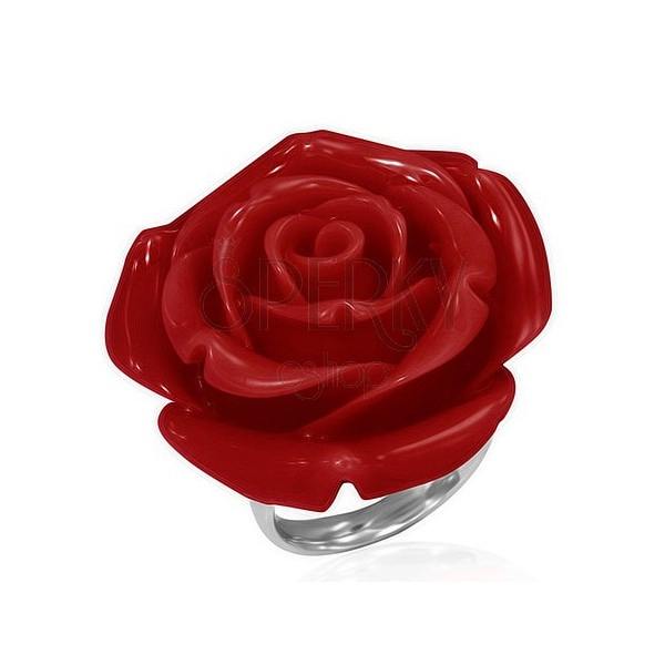 Gyűrű acélból - kinyílt piros rózsa gyantából