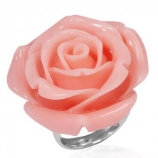 Gyűrű acélból - kinyílt rózsaszín gyanta rózsa