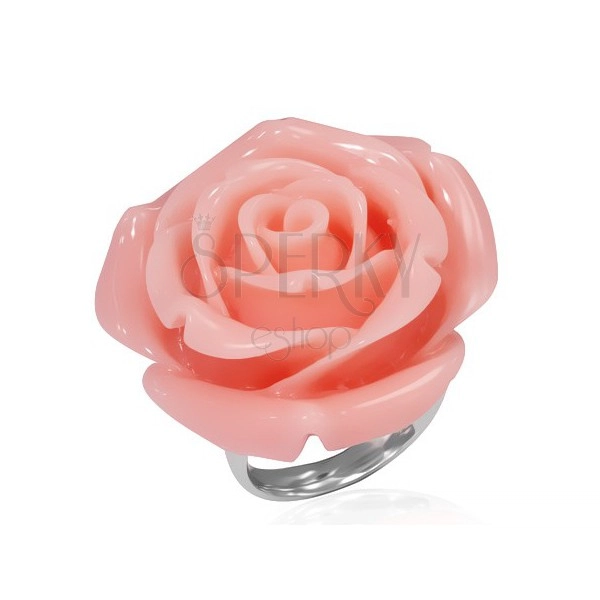 Gyűrű acélból - kinyílt rózsaszín gyanta rózsa